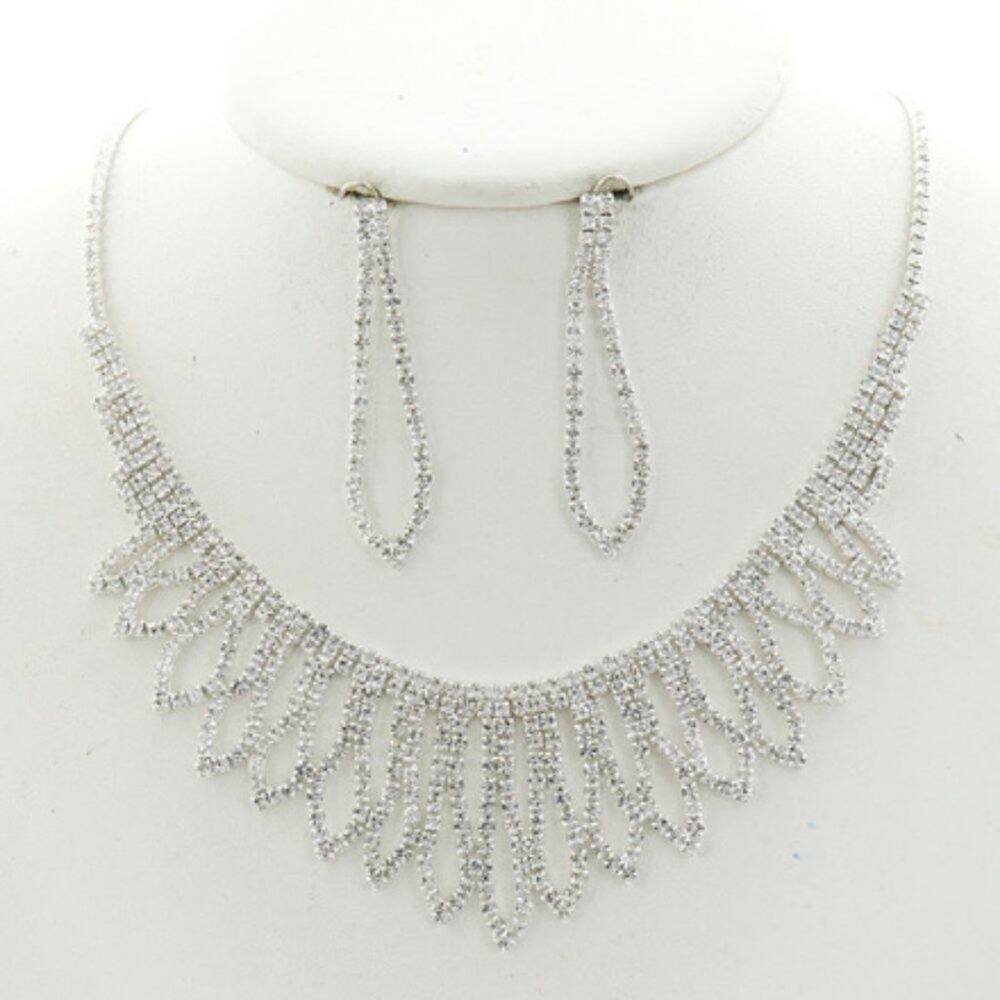 Silver Tone Clear Rhinestone Statement Necklace & Earring Set